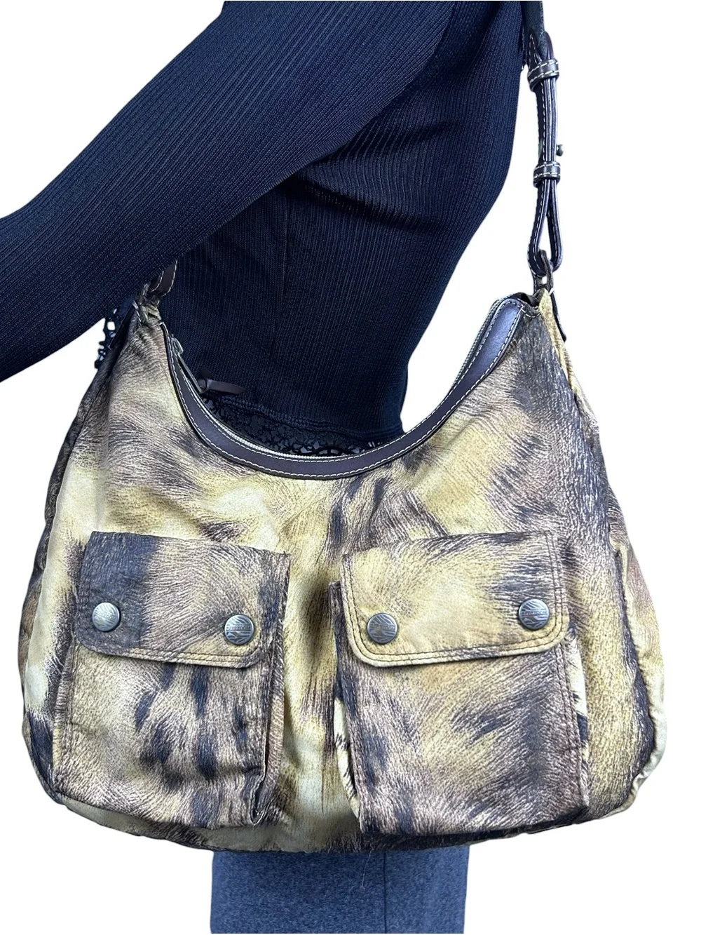 Roberto Cavalli Freedom Vintage Hobo Shoulder Bag Nylon Leather Animal Print Y2K